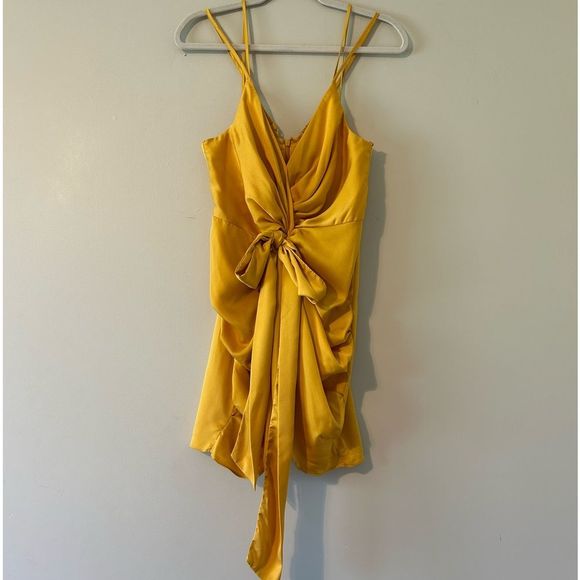 New do + be Gold Satin Bow Ruched Wrao Dress Size Medium New With Tags - Picture 2 of 12